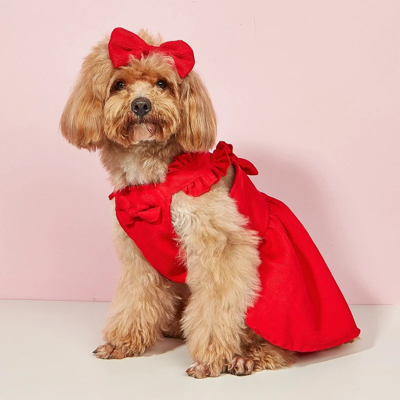Vestido de chaleco de invierno de pana para Chihuahua, ropa de Año Nuevo de color rojo sólido para cachorros pequeños y medianos, monos de princesa con lazo encantador