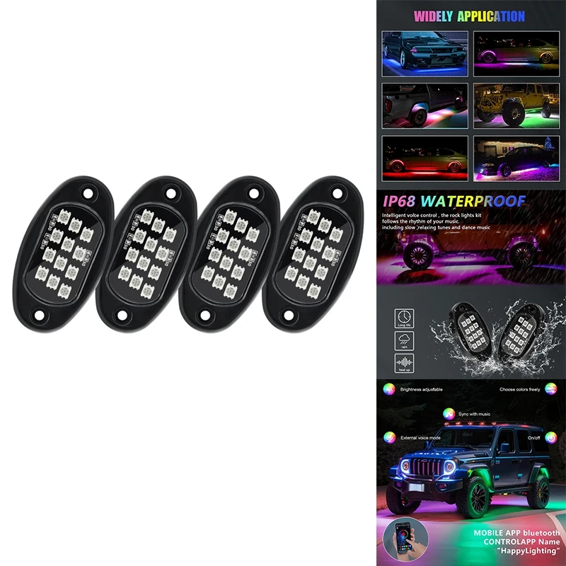 RGB Rock Lights, Multicolor Underglow Lights Kit With App Control Flashing Music Mode Waterproof Wheel Well Light