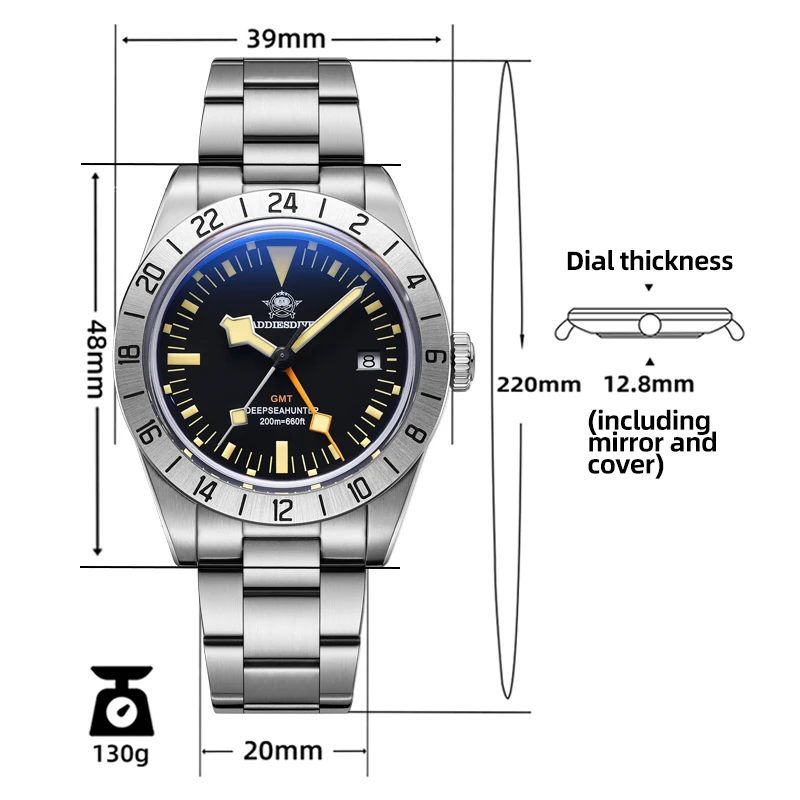 ADDIESDIVE-Reloj de pulsera de buceo para Hombre, cronógrafo de cristal de burbuja luminoso, resistente al agua, de acero inoxidable, 200m, AD2036, GMT