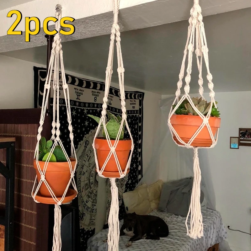 2pcs Macrame Handmade Plant Hanger Baskets Flower Pots Holder Balcony Hanging Decoration Flowerpot net bag Home Garden Supplies