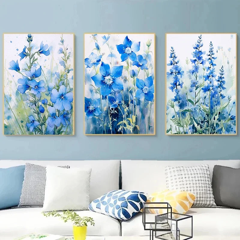 1pc frameless Canvas painting Modern Minimalist Plant Floral Art Blue Watercolor Illustration Poster Canvas Paintings Wall Art P
