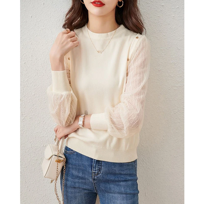 New Spring Elegant Chic Lace Mesh Patchwork Blouse Women Korean Fashion Casual Solid Long Sleeve Street Knitwear Female Clothing