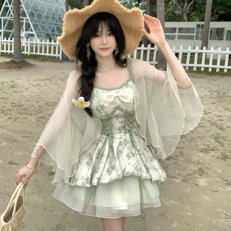 

2025 Новый винтажный сексуальный прозрачный топ с накидкой + мини-юбка, комплект из двух предметов, женский милый элегантный облегающий летний пляжный наряд для отдыха