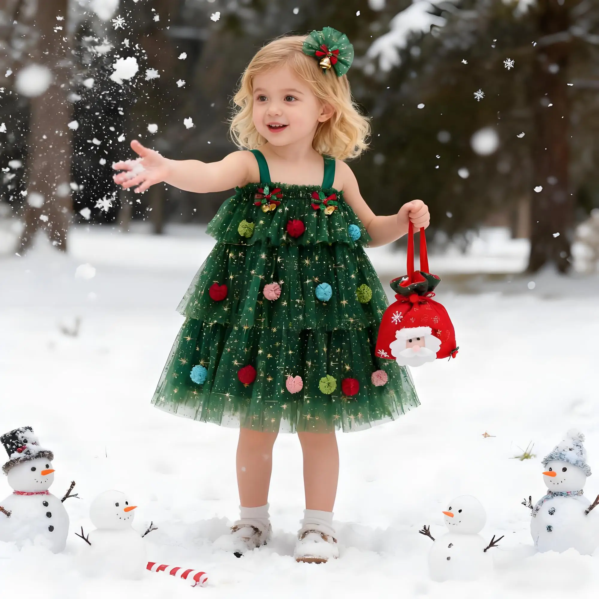 

Sleeveless Layered Tulle Kid Christmas Dress Plush Ball Hat Xmas Tree Sundress Clothes Cute Baby Girls Christmas Mesh Lace Dress