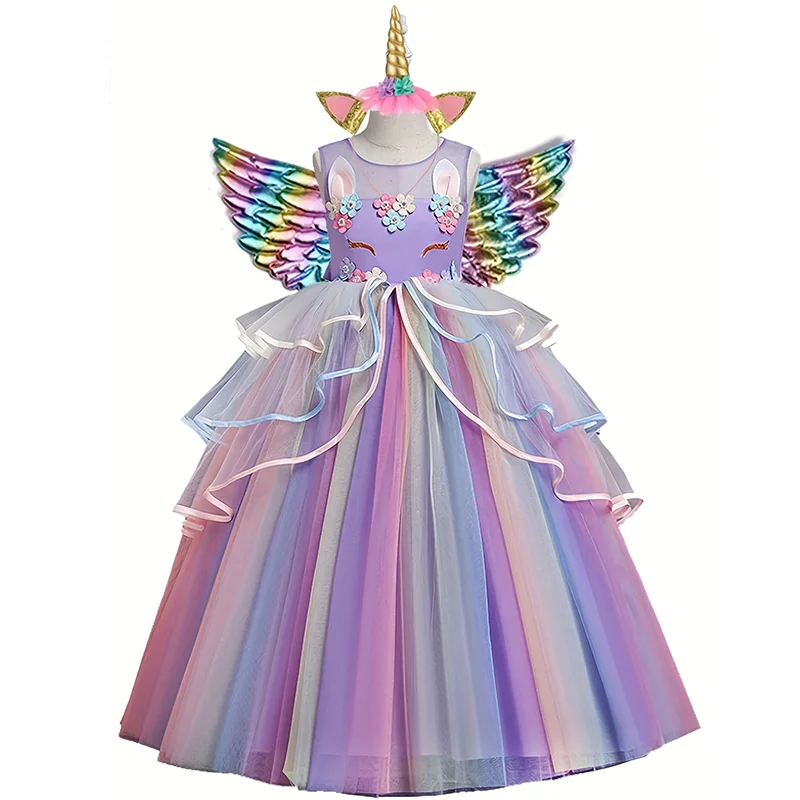 Lzh Girls Unicorn Rainbow Appliques Decor Mesh Layered Tutu Dress Flowers With Accessories For Halloween Birthday Carnival Party