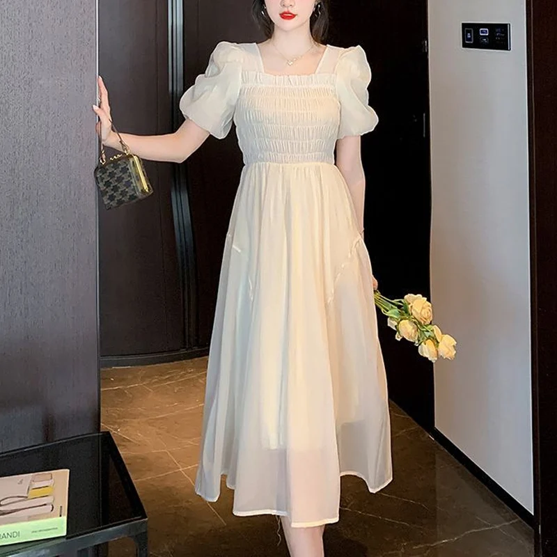 Summer New French Style Solid Color Elastic Chest Princess Dress Women Square Neck Puff Sleeve Pleated Patchwork Midi Dresses