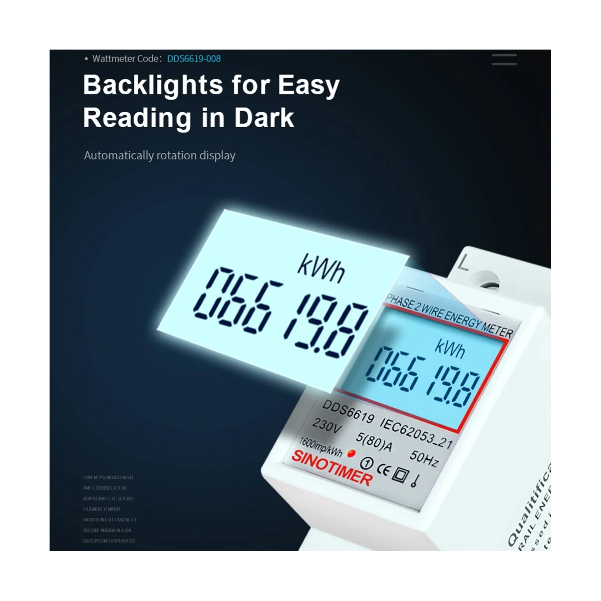 SINOTIMER DDS6619-008 1 Phase Two Wire LCD Digital Display Wattmeter Power Consumption Energy Electric Meter KWh AC 230V 50Hz
