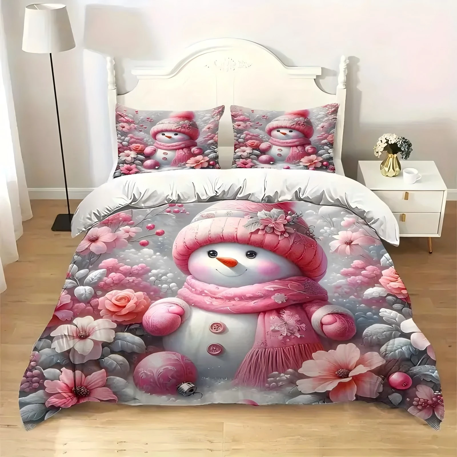 Christmas Snowman Pattern 3d Printed Bedding Set Cute Pink Style Duvet Cover Set Soft Comfortable Home Luxury Quilt Cover set