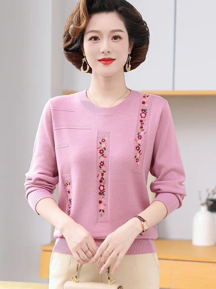 Autumn Winter Pollovers Women Bottoming Top Commuting O Neck Versatile Middle Aged Mother Knitted Long Sleeve Basic Sweater