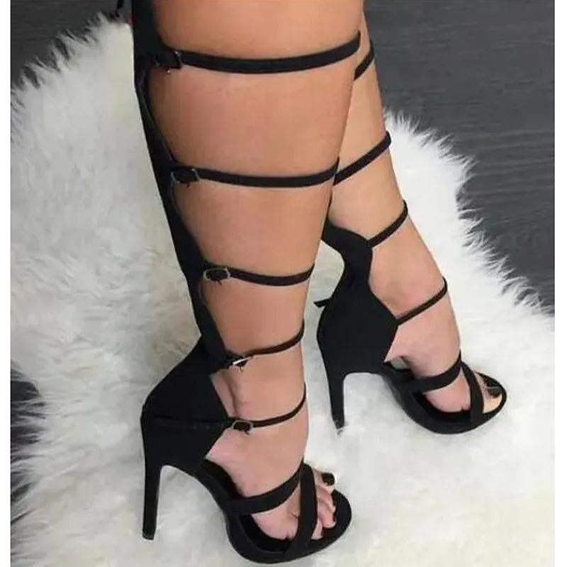 

Buckle Straps Ladies Knee High Boots Black Suede Leather Women Open Toe Boots Sexy High Heel Gladiator Boots Female Dress Shoes