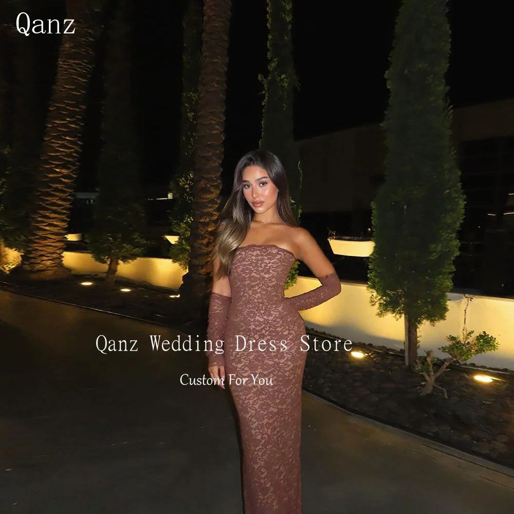 

Qanz коричневые кружевные вечерние платья без бретелек Русалка сексуальные Vestidos De Festa элегантные платья для особых мероприятий по индивидуальному заказу