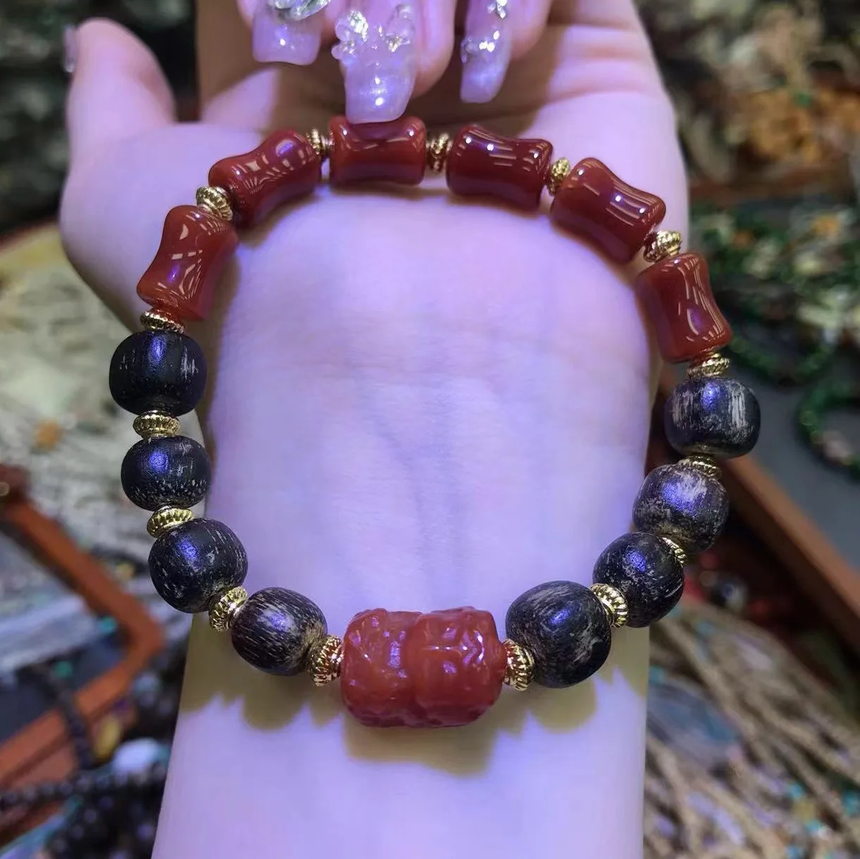 Hainan Insect Leak Agarwood Bracelet with South Red Agate Bamboo Joints Green Tara Cultural Jewelry Gifts