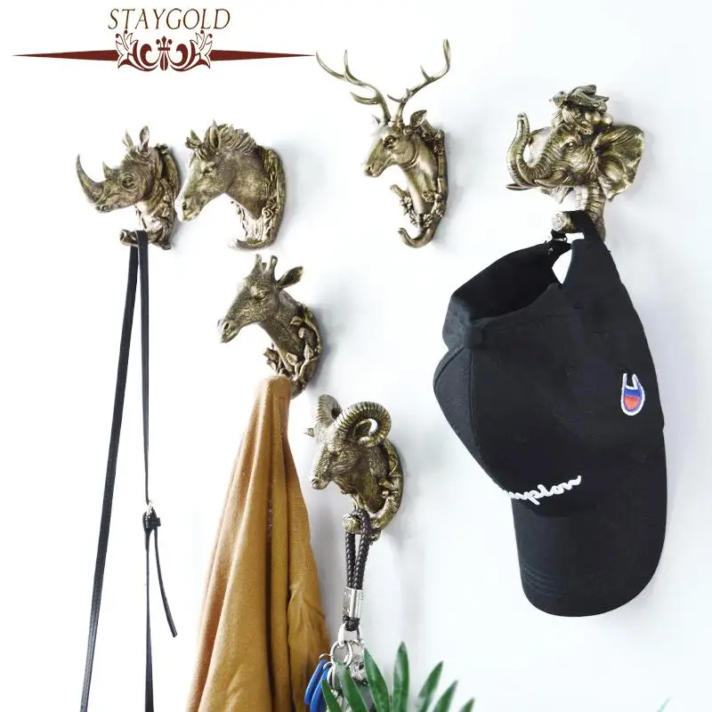 Staygold Animal Hook Hanging Clothes Hat Scarf Key Deer Horns Hanger Rack Wall Rhino Horn No Punching Doorway Home Decor