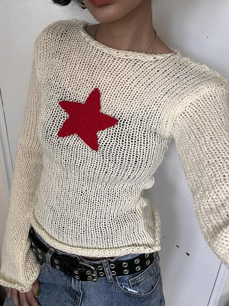 IAMSURE Casual Patchwork Star Knitted Pullovers Loose Geometric See Through O-Neck Long Sleeve Sweaters Women 2022 Spring Tops