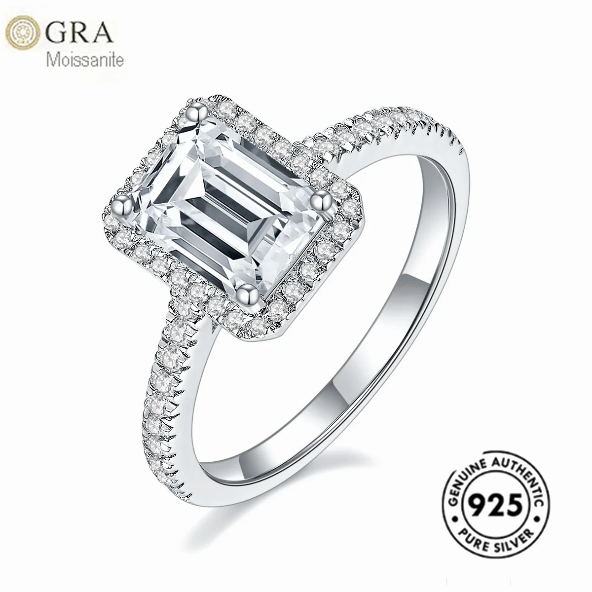 Hot Selling 6*8Mm Emerald Cut Moissanite Diamond 2Ct Gra Ring For Ladies S925 Silver Plated 18K White