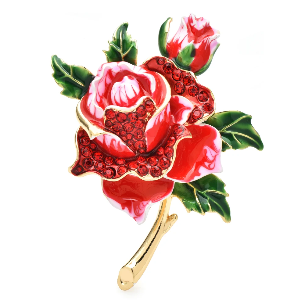 Wuli&baby Big Enamel Rose Flower Brooch Crystal Plant Jewelry Pin Gift