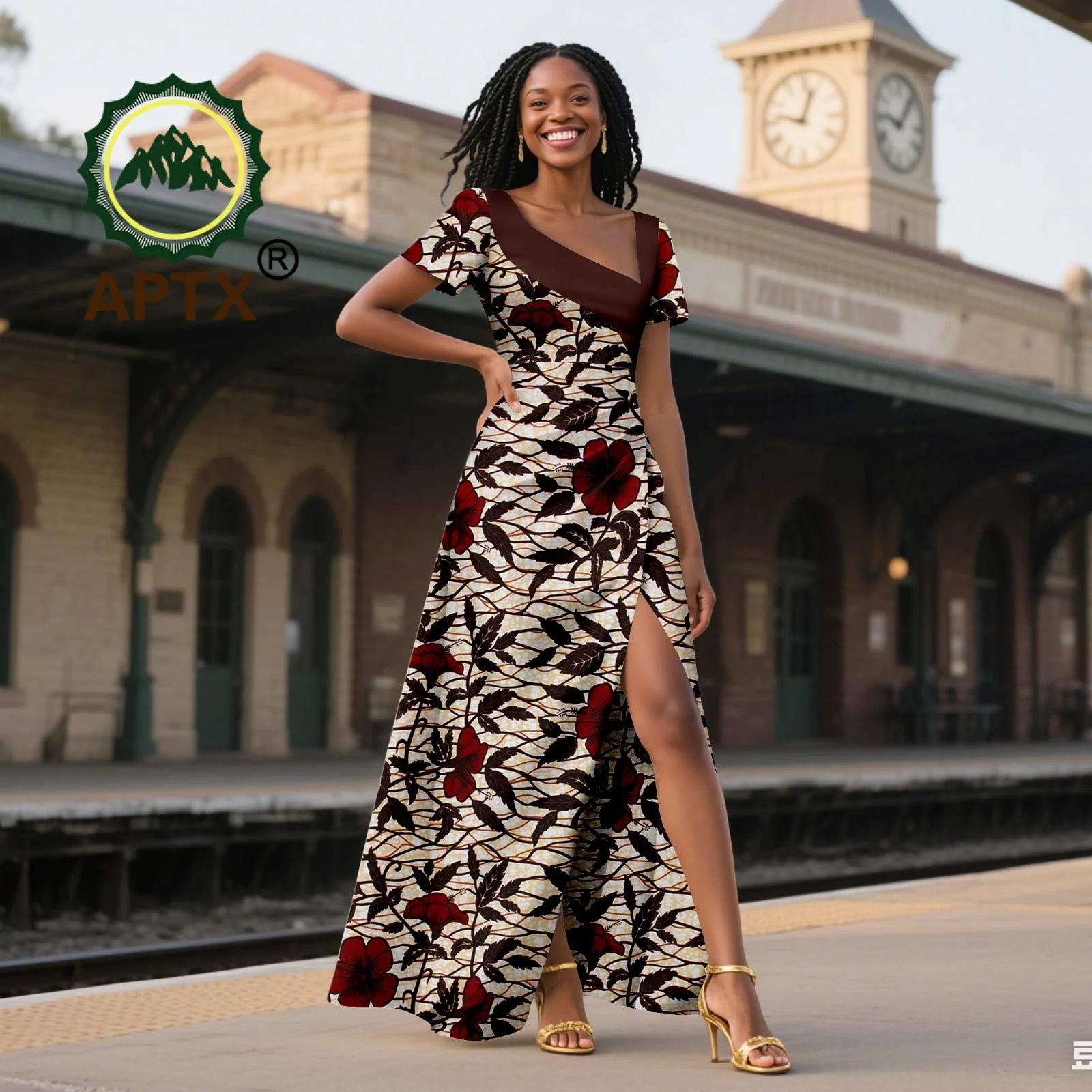 

African Dress for Women Ankara Print Skew Collar Short Sleeve Floor-Length Dress Dashiki Elegant fashion Casual Party Dress
