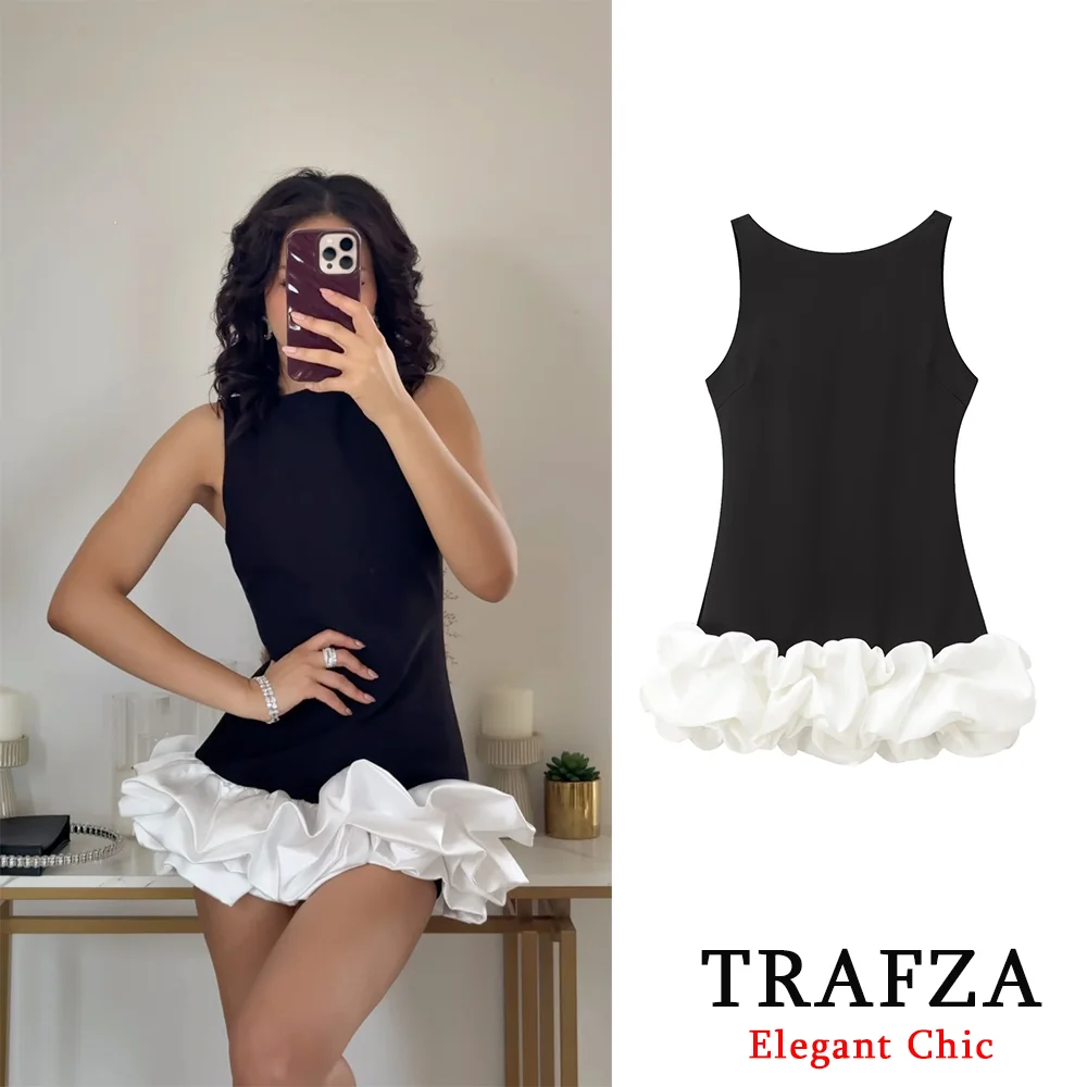 TRAFZA Sexy Black White Flower Bud Tierred Mini Dress Women's Short Dress New 2025 Spring Summer Fashion Glamorous Party Dress