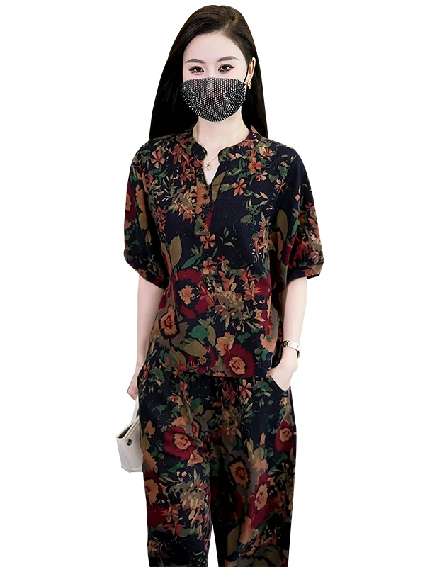 

plus Size Retro Casual Faionable Two-Piece Set for Women Summer 2025 Loose Slimming Ensemble Long Sve V-Ne Overhead