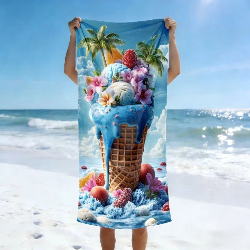 3D Blue Ice Cream Beach Towel Microfiber Tropical Coconut Tree Bath Towel Large Flower Sundae Swimming Blanket Vacation Shawl
