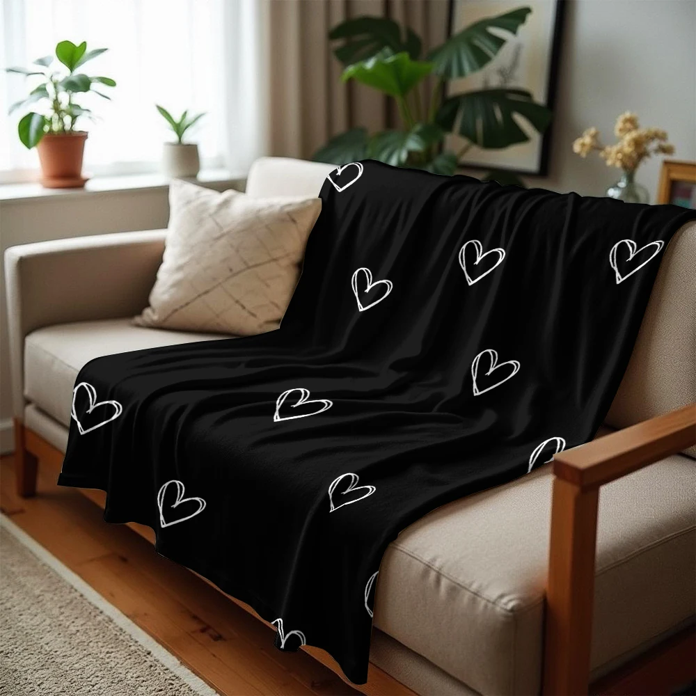 Sketched White Heart Anime Cartoon Flannel Blanket Soft Warm Throw for Bedroom Sofa Car Kids Holiday Gift