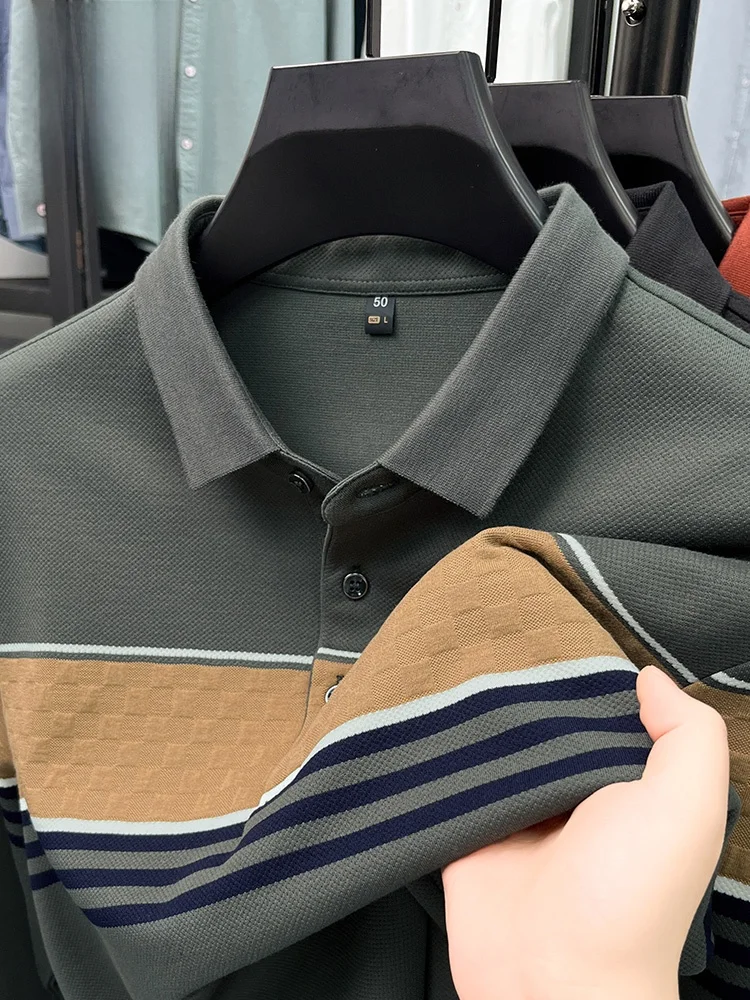 

Rn Men's Long Sve irt Spring Autumn Loose Breathable Striped Contrast Color Flip Collar Faionable Versatile Top