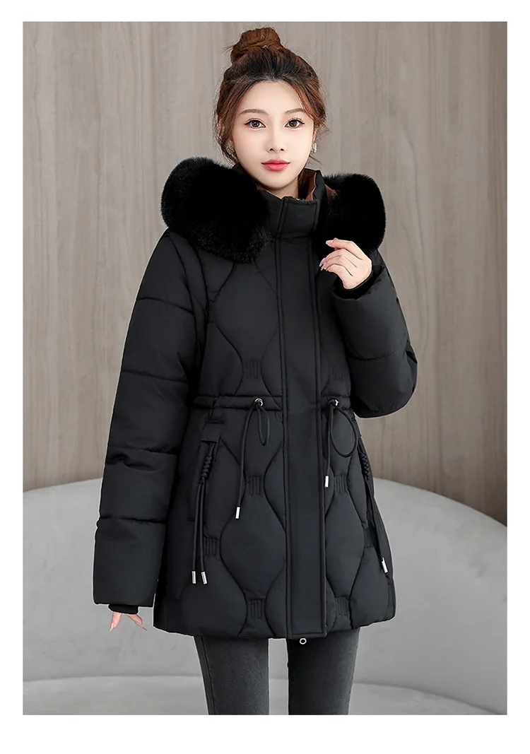 Simple Solid Color Large Fur Collar Hooded Removable Long-sleeved Down Cotton Jacket Women's 2025 Winter Thickened Warm Jacket