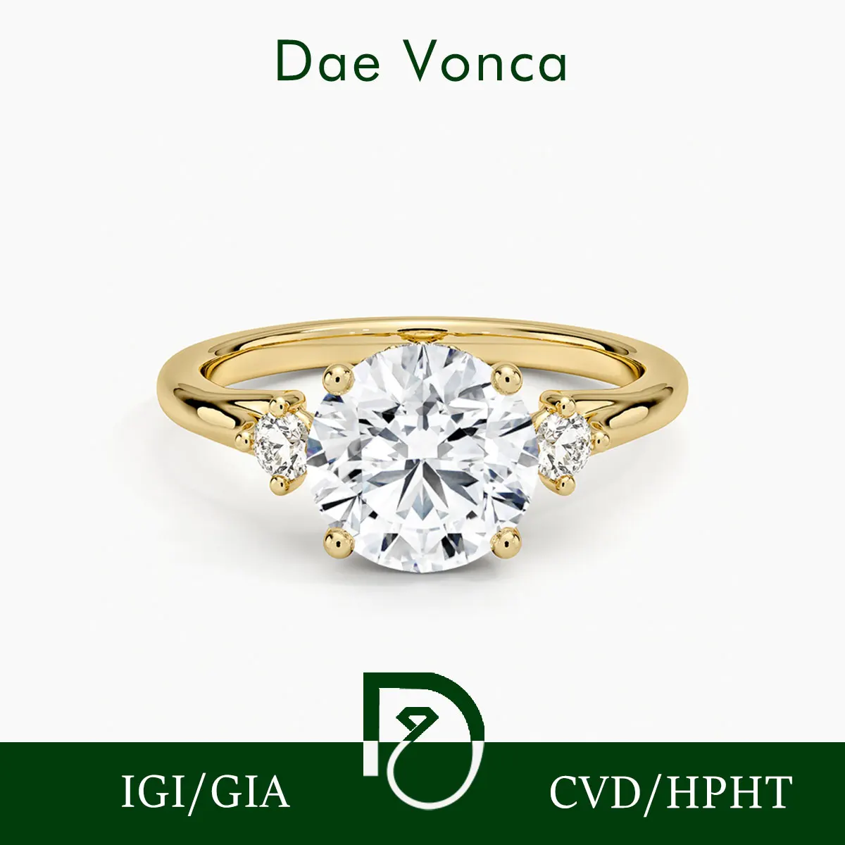 Classic Three Stone Engagement Ring 9K/14K/18K Yellow Gold DE VS1/VVS2 Round Cut Lab Grown Diamonds Hidden Halo Diamond Ring
