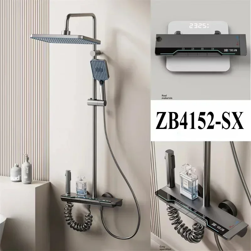 

Grey Lengthen Valve Body 4 Functions Shower Set Bathroom Wall Mounted Piano Key Digital Display Hot Cold Shower Faucet System