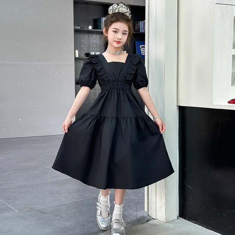2025 summer lace waist long children's dress, summer short sleeved girl's fairy tale princess dress for students
