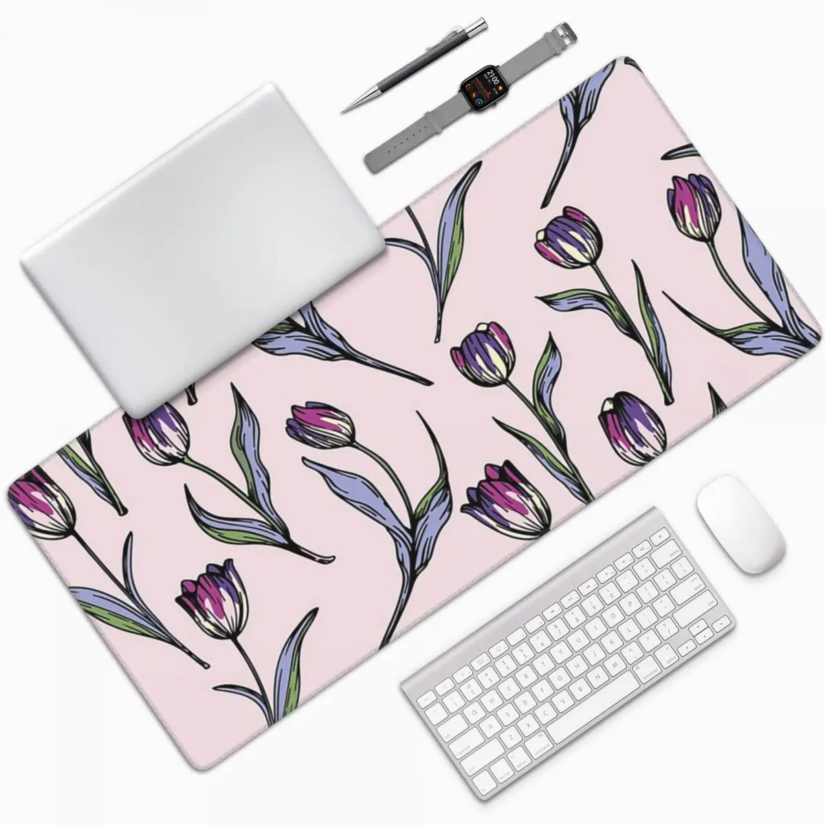 

Pink Tulip Flowers Sketch Large Mouse Pad Computer Keyboard Mouse Mat Gamer PC Laptop Desk Mat Office Accessories Table Mats