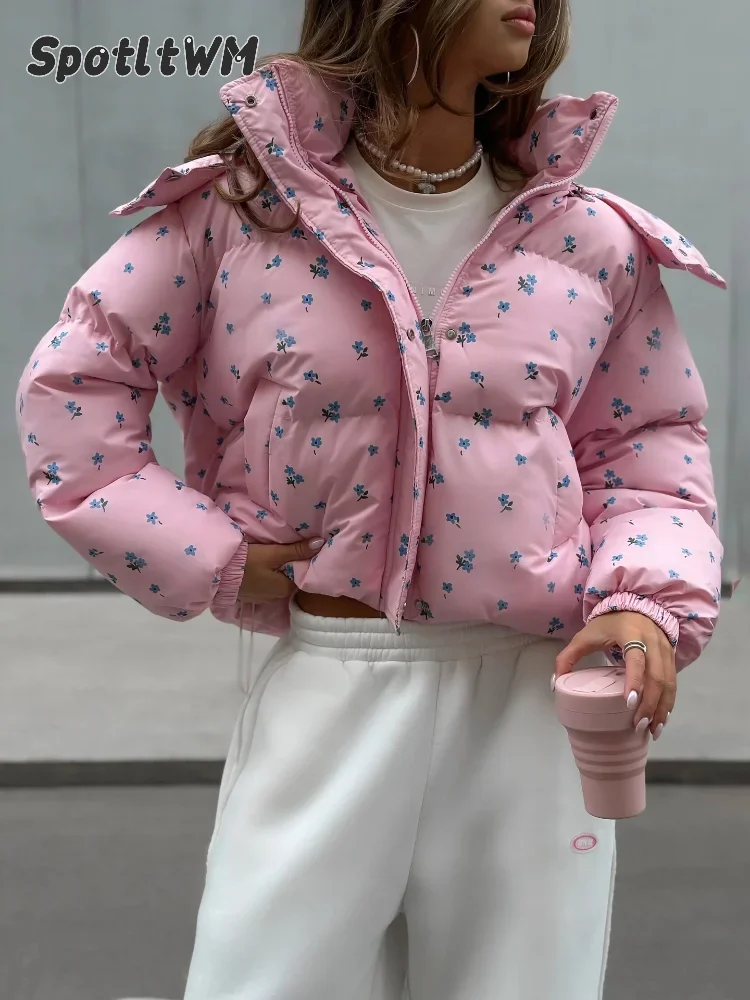 Women Floral Printed Cropped Puffer Coat Detachable Hooded Drawstring Hem Quilted Padded Jacket Warm Winter Short Outerwear