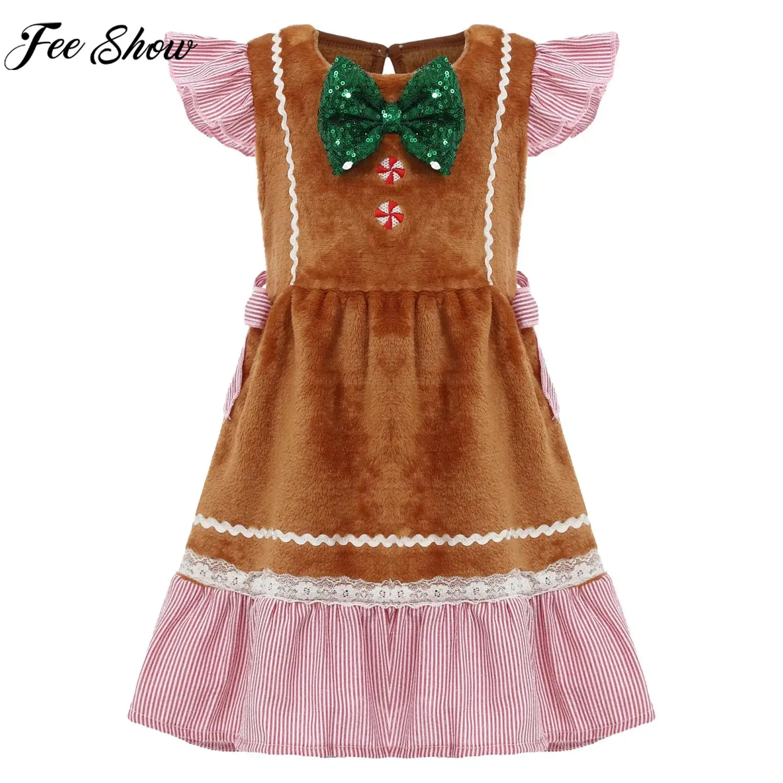 Baby Girls Christmas Gingerbread Man Cosplay Dress Flying Sleeve Sequin Bow Plush Striped Dresses Xmas New Year Party Costume