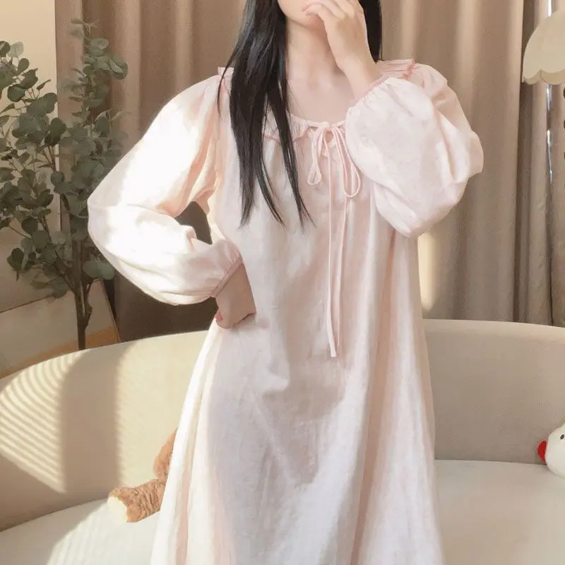 

Юбка средней длины, милая розовая весенне-осенняя домашняя одежда принцессы, ночная рубашка, пуловер, свободные пижамы с длинными рукавами, халаты для женщин