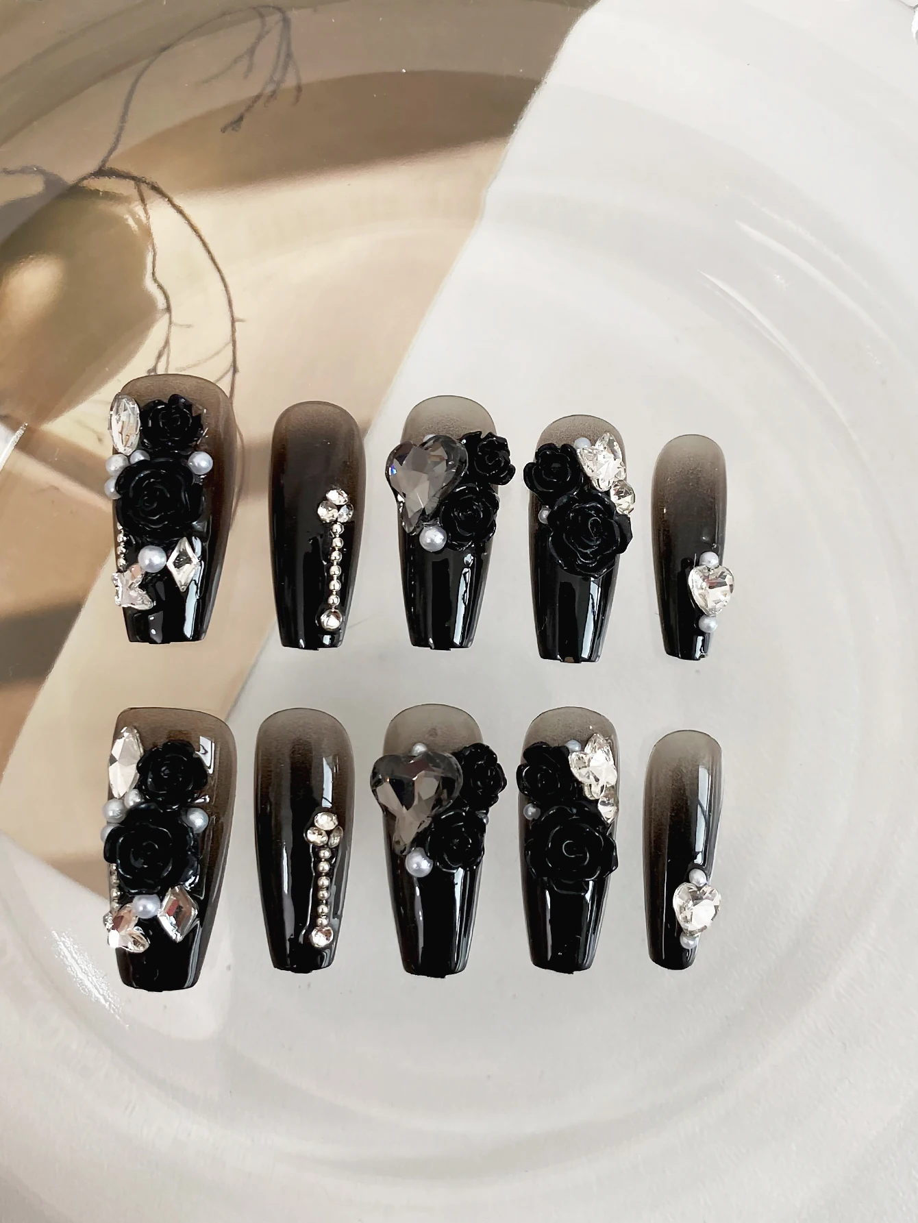 Gothic Black Coffin Press On Nails, Handcrafted Gradient False Nails with 3D Rose, Heart Rhinestones & Pearls for Women