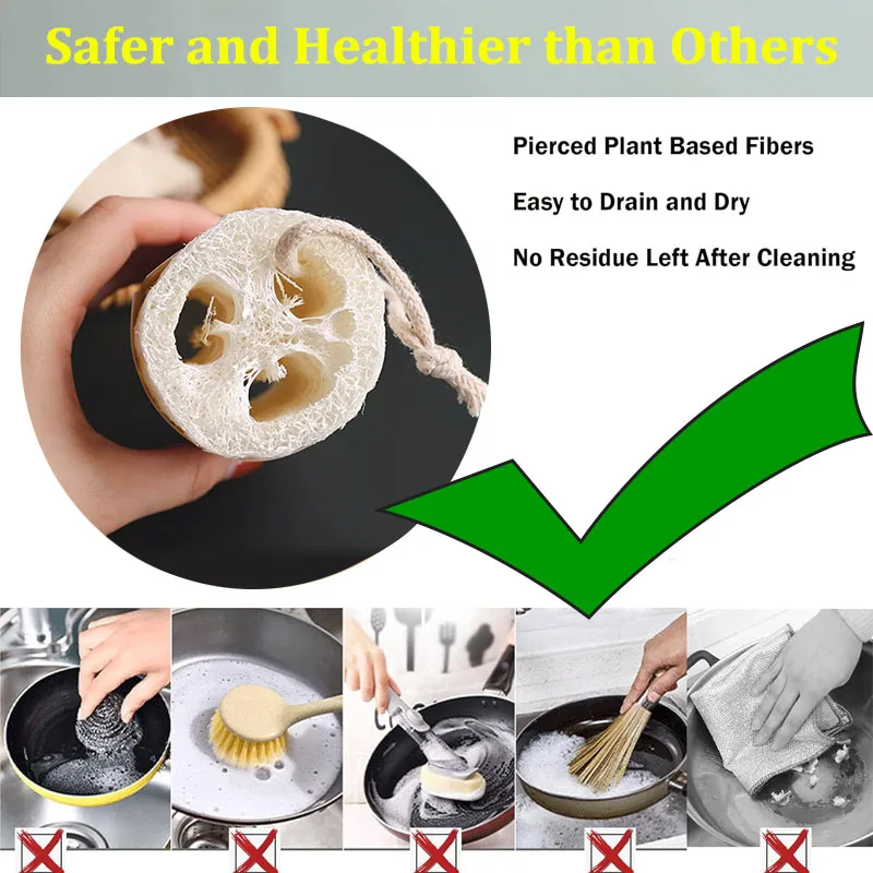 2 5 Pcs Natural Reusable Loofah Sponge Dishcloth Non-Scratch Biodegradable Kitchen Pot Dish Washing Shower Scrubbing Exfoliating