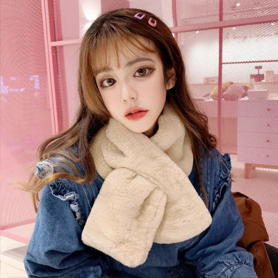 Winter Luxury Warm Thicken Scarfs Faux Rabbit  Fur Plush Cross Collar Scarf Shawl Warm Soft Thicken Snood Scarves Women Scarf