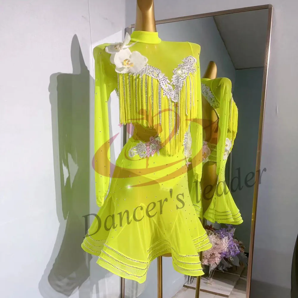 

Платье для латинских танцев, высококачественное летнее танцевальное платье по индивидуальному заказу с бриллиантами, чача, танго, женская сценическая профессиональная одежда для взрослых