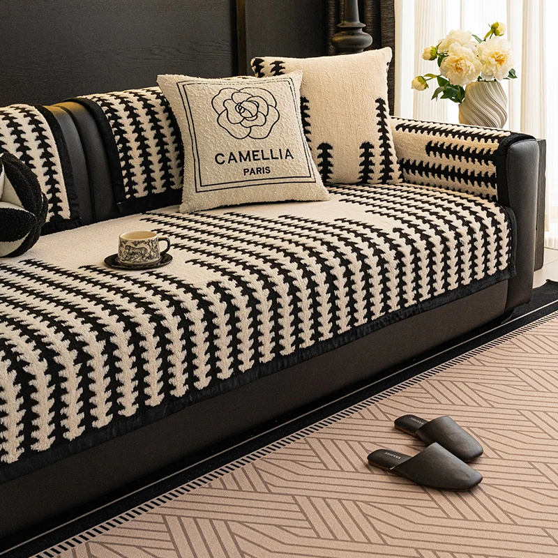 1pc Curving Lines Jacquard Sofa Cover Straight Sofa Throw Blanket Machine Washable Couch Protector Covers