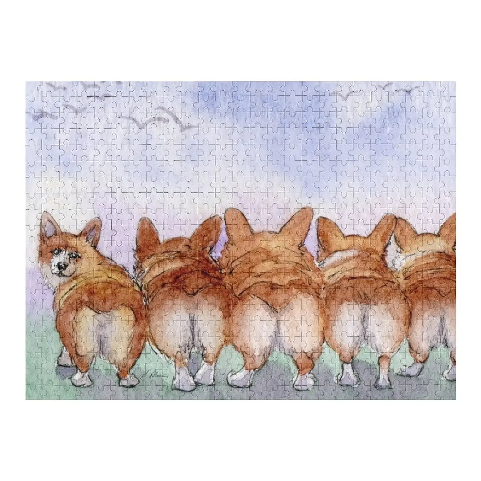 

Five Welsh corgi dogs walk away together Jigsaw Puzzle Personalized Gift Married Picture Puzzle