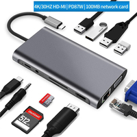 11 in 1 Type C Hub with HDMI 4K VGA RJ45 3.5mm Audio Converter Laptop PD Charging Adapter Micro SD/TF Card Reader Cable Splitter