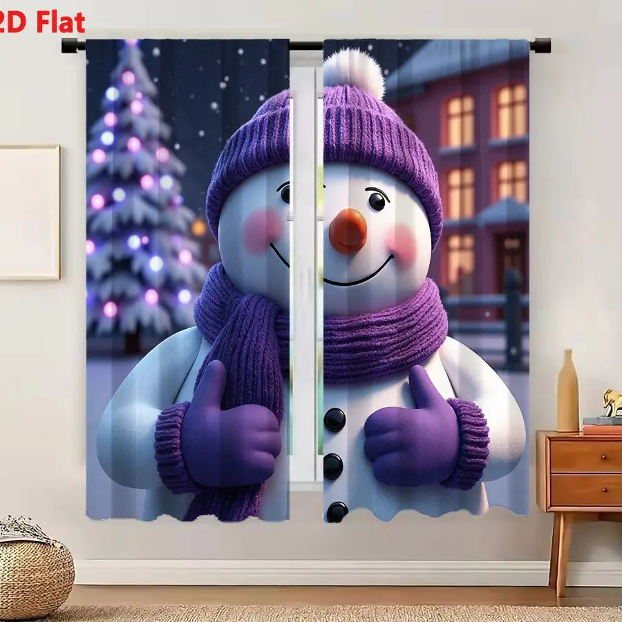 2Pcs Curtains 2D Flat Cheerful 3D-Rendered Snowman In Festive Christmas Scene With Snow-Covered Yard Decorated Tree Pink-Red Hou
