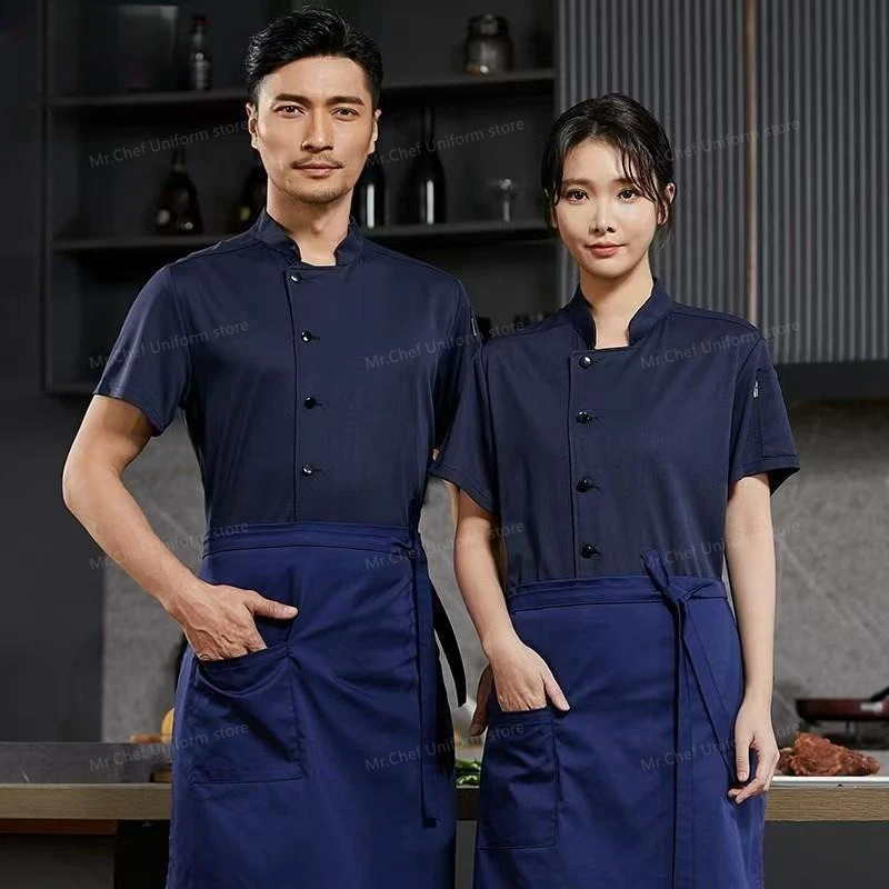 زي طاهٍ للمطاعم بأكمام قصيرة للرجال، جاكيت شبكي قابل للتنفس مع مريلة، معطف طاهٍ للمطبخ، شعار ملابس العمل للنساء باللون الأسود