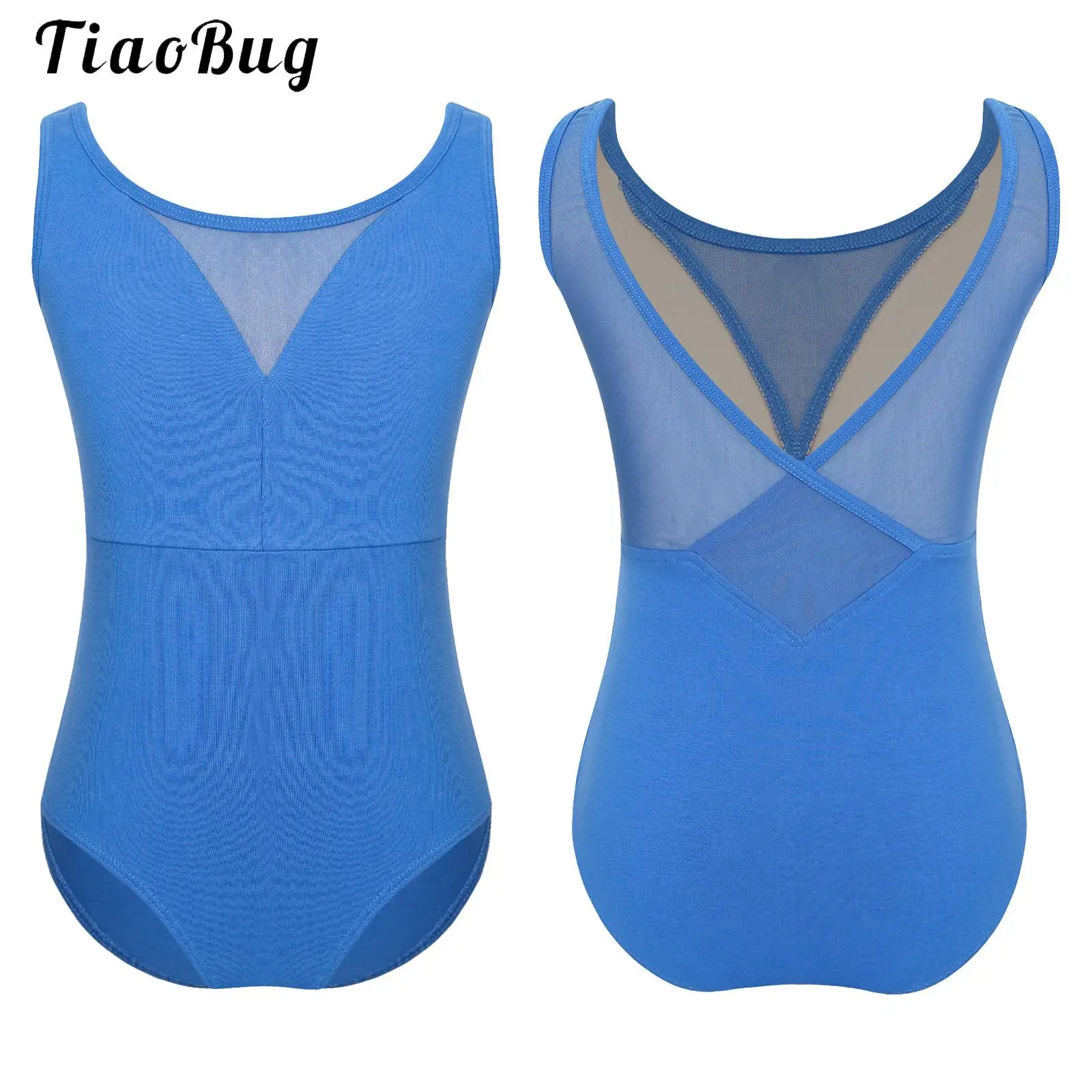 Kids Girls Sheer Mesh Patchwork V-Back Ballet Leotard Dance Gymnastics Training Performance Costume Sleeveless Bodysuit