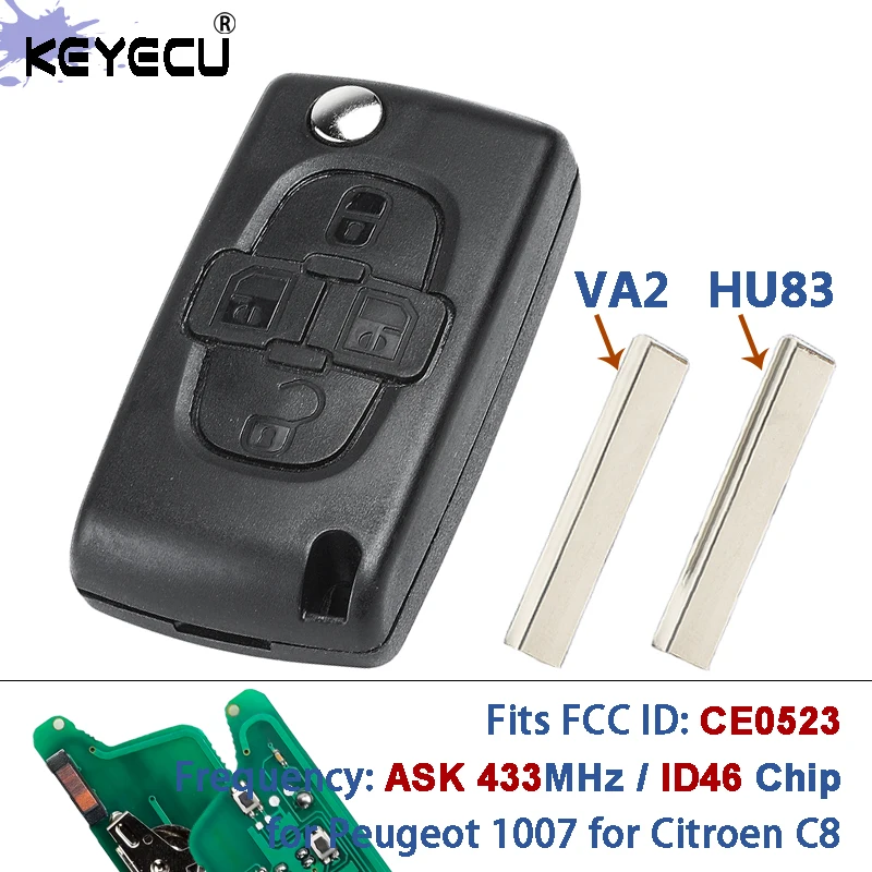 KEYECU  CE0523 ASK 433 ID46/ PCF7941 Chip Flip Remote Key Fob 4 Button HU83 / VA2 Blade for Peugeot 1007, for Citroen C8