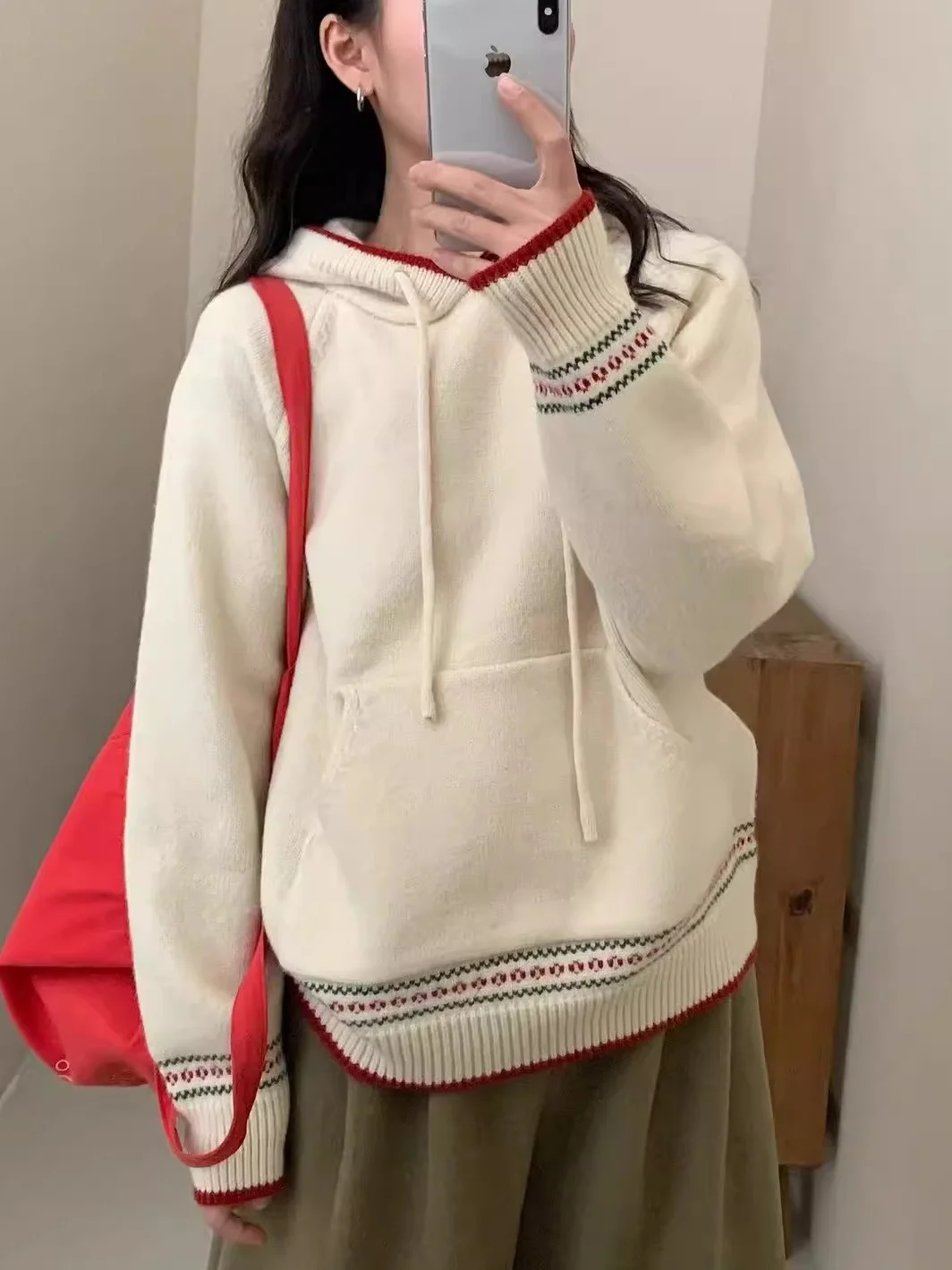 

Korean Sle Hooded Color Blo Fair Isle Knitwear Thiened Women's Autumn Winter New Sle Slimming Top Dstring ket