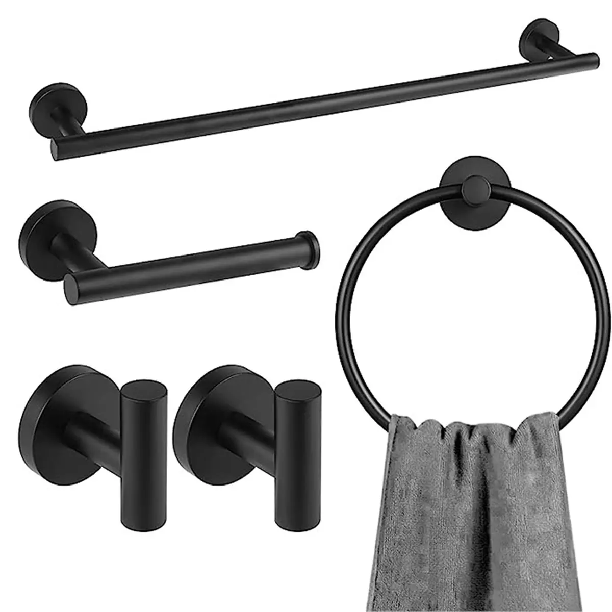 Stainless Steel Bathroom 5-Piece Ring Set Towel Rack Set Bathroom Hardware Hook Set Complete Bath Towel Bar Set
