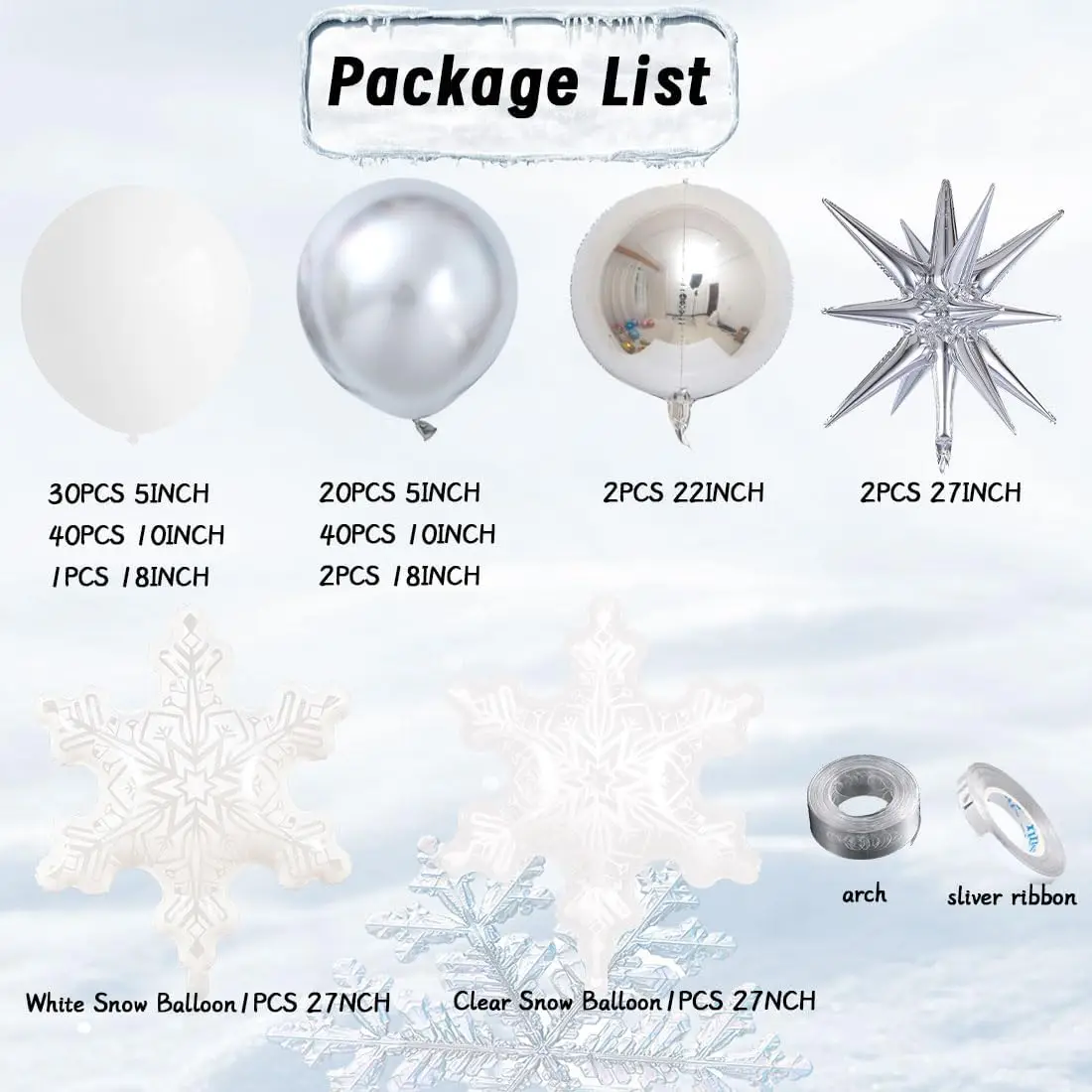 White Snowflake Balloon Garland Arch kit-Snowflake Balloon with Silver White Latex Balloons set for Winter Wonderland Holiday Christmas Baby Shower Snow Princess Birthday Party Decorations