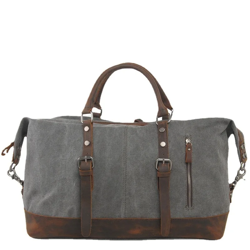 Vintage men's carry-on luggage bag popular in Europe and America Canvas luggage bag with top-grain leather crossbody bag