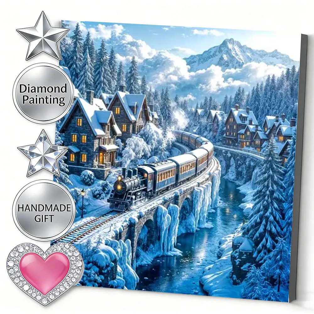 AZQSD Diamond Mosaic On The Basement Train Landscape Diamond Painting New Collection Winter Snow Mountain Forest Full Drill